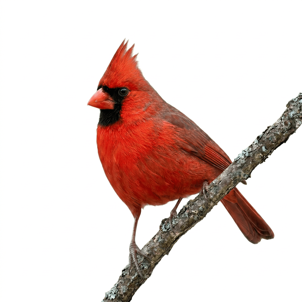 Male northern cardinal perched on a lichen-covered branch surrounded by bare branches and berries